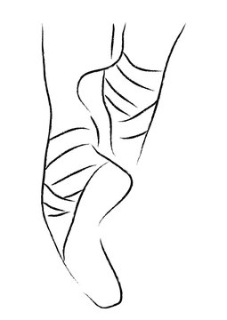 Ballet feet of ballerina illustration. Line art style black and white