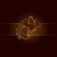 2017, the Year of the Fire Rooster in Chinese Horoscope. Brown and gold colors, symbol of new year. Fire element. Hand drawn clip-art, illustration. Vector design element for greeting card or poster