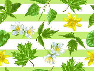 Spring green leaves and flowers. Seamless pattern with plants, twig, bud