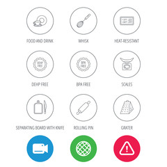 Fototapeta premium Kitchen scales, whisk and grater icons. Rolling pin, board and knife linear signs. Food and drink, BPA, DEHP free icons. Video cam, hazard attention and internet globe icons. Vector