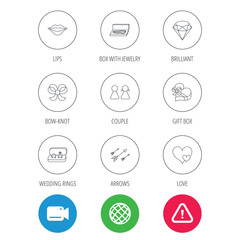 Love heart, gift box and wedding rings icons. Kiss lips and couple linear signs. Valentine amour arrows, brilliant flat line icons. Video cam, hazard attention and internet globe icons. Vector