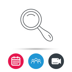 Search icon. Magnifying glass sign. Zoom symbol. Group of people, video cam and calendar icons. Vector