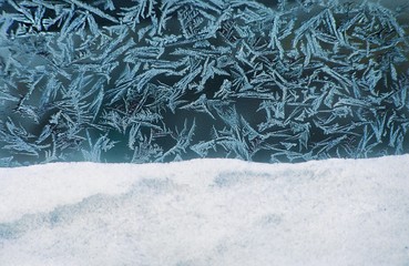 Beautiful natural frosty pattern on winter window. Selective focus