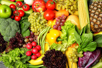 Fruits and vegetables background, closeup