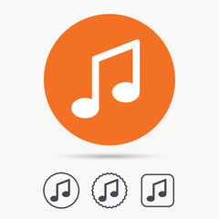 Music icon. Musical note sign. Melody symbol. Orange circle button with web icon. Star and square design. Vector