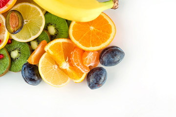 Top view of fresh juicy fruits and citruses