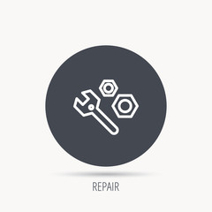 Repair icon. Spanner tool with screw-nut sign. Round web button with flat icon. Vector