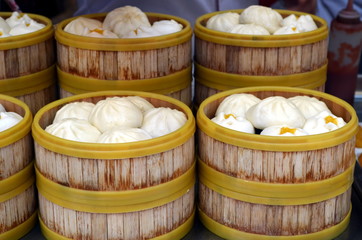 Chinese dumplings wooden steamer at Wangfujiang street in China