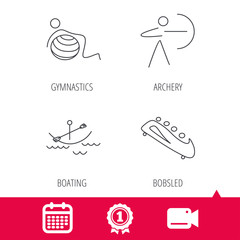 Achievement and video cam signs. Gymnastics, boating and archery icons. Bobsled linear sign. Calendar icon. Vector