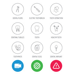 Tooth extraction, electric toothbrush icons. Dental implant, floss and dentinal tubules linear signs. Toothpaste icon. Video cam, hazard attention and internet globe icons. Vector