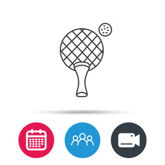 Table tennis icon. Ping pong sign. Professional sport symbol. Group of people, video cam and calendar icons. Vector