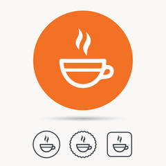 Tea cup icon. Hot coffee drink symbol. Orange circle button with web icon. Star and square design. Vector