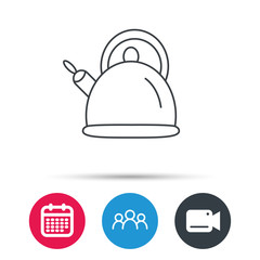 Teapot icon. Kitchen kettle sign. Hot drink appliance tool. Group of people, video cam and calendar icons. Vector