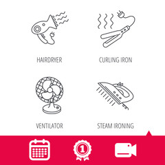 Achievement and video cam signs. Steam ironing, curling iron and hairdryer icons. Ventilator linear sign. Calendar icon. Vector