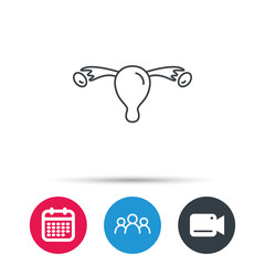Uterus icon. Ovary sign. Gynecology health symbol. Group of people, video cam and calendar icons. Vector