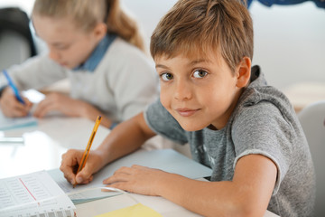 Portrait of pupil in school class taking notes during writing lesson