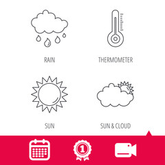 Achievement and video cam signs. Thermometer, sun and rain icons. Clouds linear sign. Calendar icon. Vector