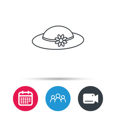 Female hat with flower icon. Women headdress sign. Group of people, video cam and calendar icons. Vector