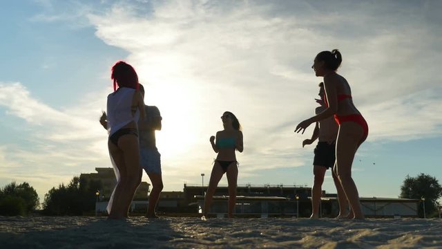 Group of friends enjoying their time at the beach and playing volleyball