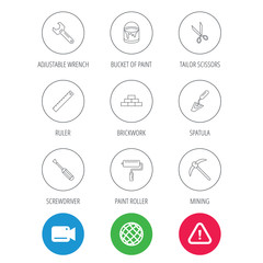 Screwdriver, scissors and adjustable wrench icons. Spatula, mining tool and paint roller linear signs. Brickwork, ruler and painting icons. Video cam, hazard attention and internet globe icons. Vector