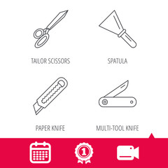 Achievement and video cam signs. Paper knife, spatula and scissors icons. Multi-tool knife linear sign. Calendar icon. Vector