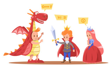 kids king and queen characters design with dragon