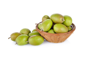 fresh green olive in bamboo basket on white background