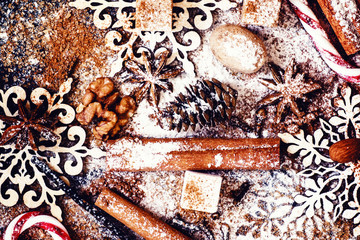 Spices for Christmas mulled wine, dark background, top view