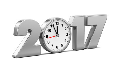 New Year 2017 metal clock isolated on a white background. 3d ren