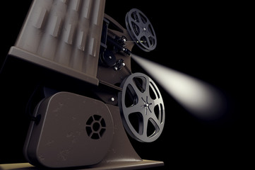 3D illustration of retro film projector with light beam on black back side view