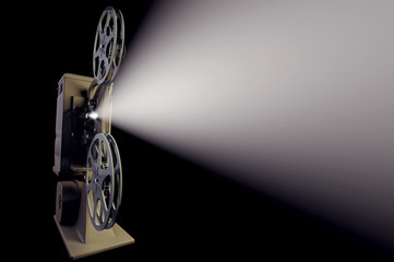 3D illustration of retro film projector with light beam on black frontal