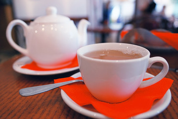 cup of tea or coffee in a cafe serving breakfast table