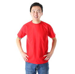 Fototapeta premium Asian man in blank red t-shirt on white background