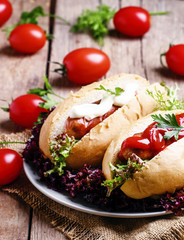 Hot dog with ketchup and mayonnaise, vintage wooden background,