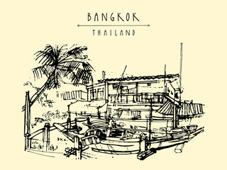 Old traditional houses in Bangkok, Thailand, Asia. Vintage hand drawn postcard