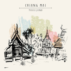 Chiang Mai, Thailand, Southeast Asia. The oldest Buddhist temple in town - Wat Chiang Maan. Hand drawn postcard or poster