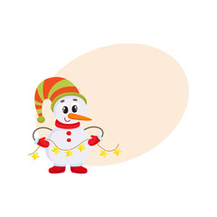 Cute and funny little snowman holding garland, cartoon vector illustration isolated with background for text. Funny snowman in hat and mittens with Christmas lights, holiday season decoration element