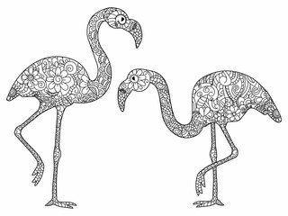 Two flamingos coloring vector for adults
