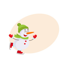 Cute and funny little snowman ice skating happily, cartoon vector illustration isolated with background for text. Happy ice skating snowman in hat and mittens, Christmas season decoration element