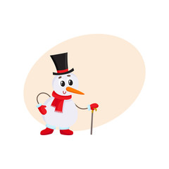 Cute and funny little snowman in cylinder hat leaning on a cane, present, cartoon vector illustration with background for text. Funny snowman in black hat with cane, holiday decoration element