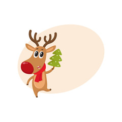 Funny reindeer in red scarf holding a Christmas tree, cartoon vector illustration isolated with background for text Red nosed deer in red scarf with Christmas tree, holiday decoration element