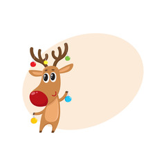 Funny reindeer holding balls for Christmas tree decoration, cartoon vector illustration isolated with background for text. Red nosed deer with Christmas tree balls, holiday decoration element