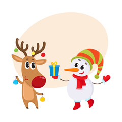 funny deer holds Christmas toys and snowman gift box, cartoon vector illustration isolated with background for text.. Deer and snowman, Christmas attributes, decoration elements