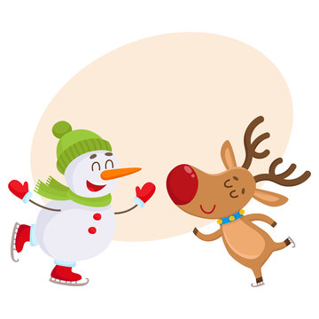 funny reindeer and snowman skating on ice, cartoon vector illustration isolated with background for text. Poster, banner, postcard, greeting card design wit Deer and snowman, Christmas attributes