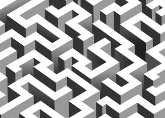Fototapeta na wymiar Black and white maze, labyrinth - isometric endless pattern - ho