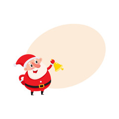 Cute funny Santa Claus ringing golden Christmas bell, cartoon vector illustration isolated with background for text. Santa Claus ringing bell, Christmas attribute, holiday season decoration element