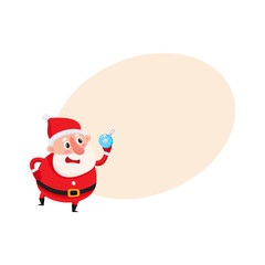 Funny Santa Claus looking Christmas tree decoration ball, cartoon vector illustration isolated with background for text. Cartoon Santa Claus with Christmas tree ball, holiday season decoration element