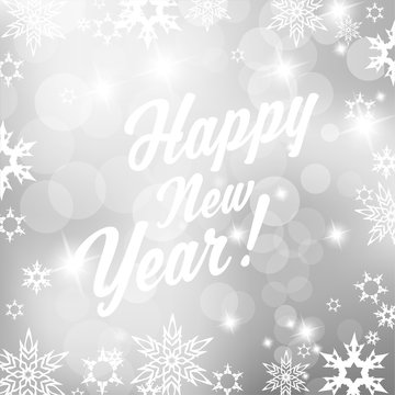 Silver background with snowflakes and Happy New Year text - squa