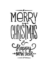 Merry Christmas Happy New Year Retro Vector Poster. Black and White Monochrome Design. Ink Hand Drawn Calligraphy Template for Winter Holidays