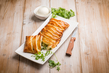 strudel stuffed with arugula and mozzarella